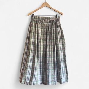Orvis 80s Midi Skirt Seersucker Plaid A-Line Button Down Cotton Green Pink M